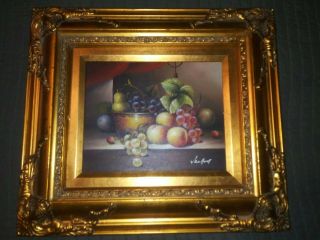 Vintage Signed Fruit Still Life Oil On Canvas Painting In Gold Frame - Van Hunt