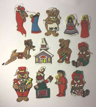 13 Vintage Painted Wood Christmas Tree Ornaments Thin Bears Raggedy Ann Toys