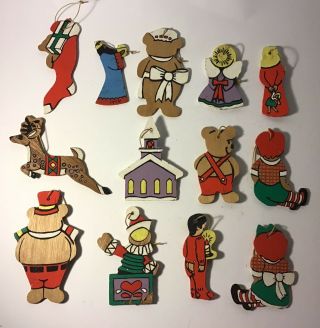 13 Vintage Painted Wood CHRISTMAS TREE ORNAMENTS Thin Bears Raggedy Ann Toys 2