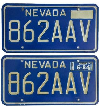 Vintage Blue Nevada 1984 License Plate Pair,  862 Aav,  Debossed