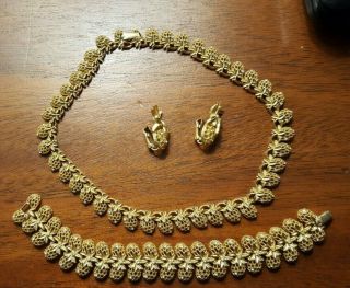Vintage Pineapple Necklace,  Bracelet,  Earring Set Goldtone Rhinestone Boucher?