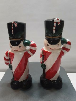 Vintage Japan Tin Soldiers Candy Striped Uniforms Saluting Salt&pepper Shakers