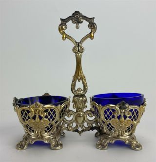 Antique Victorian Art Nouveau Silver Plate Cobalt Glass Insert Condiment Set 007