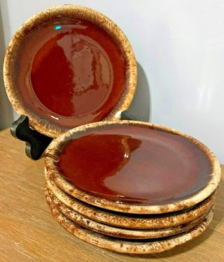 Vintage Set Of 5 Hull Pottery Brown Drip Glaze 7 - Inch Bread Dessert Salad Plates