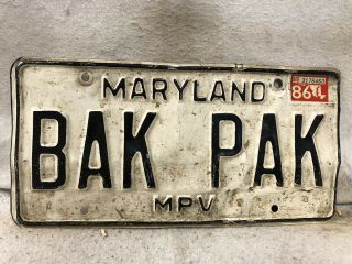 1986 Maryland Vanity License Plate “bak Pak”