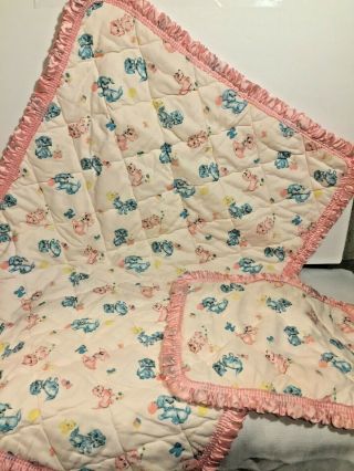 Vintage Baby Blanket And Pillow Sham Kiddie Korner Satin Nylon Pink Blue Puppies