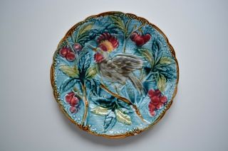 Rare Antique French Majolica Bird And Cherry Plate