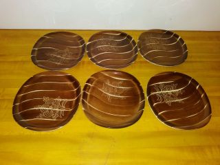 6 Vintage Purinton Slip Ware Brown Intaglio Bread Plates Mid Century
