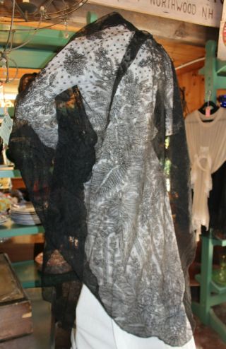 Antique Black Lace Shawl Scarf Wrap Belgian Netting French 12 Feet Long
