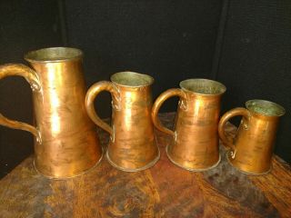 4 Antique Hand - Forged Copper Tankards,  Measures Early 1900 