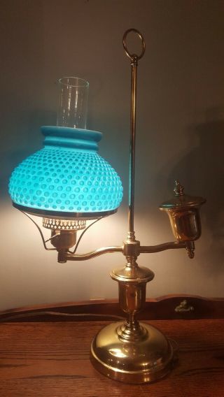 Antique Victorian Single Arm Student Oil Lamp Electrified W/green Hobnail Shade