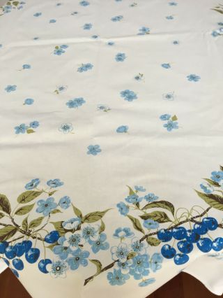 Stunning True Vintage Print Tablecloth - Blue Cherries N Blossoms - 52 X 64