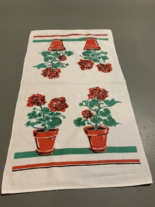 Vintage Linen Dish Towel Tea Mid Century Modern Geraniums Mcm