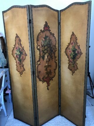 Antique Gold French Floral Vase Studded Trifold Room Divider Painted Screen