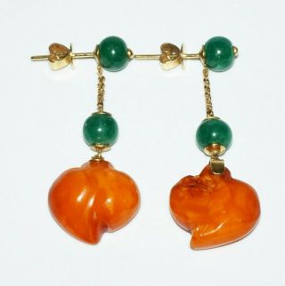 Pair Vintage Chinese 14k Yellow Gold & Green Jade Earrings W.  Amber (chc) 30