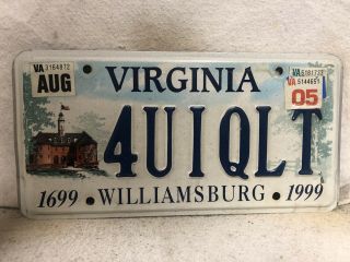 2005 Virginia Williamsburg Vanity License Plate “4uiqlt”