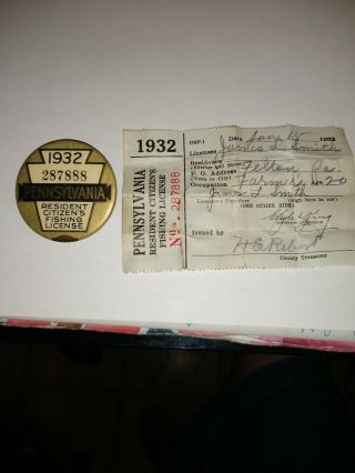Vtg 1932 Pennsylvania Fishing License With Paper License.