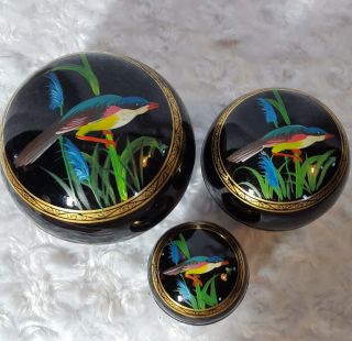 Vtg Japanese Hand Painted Set Of 3 Nesting Round Black Lacquer Boxes - Birds