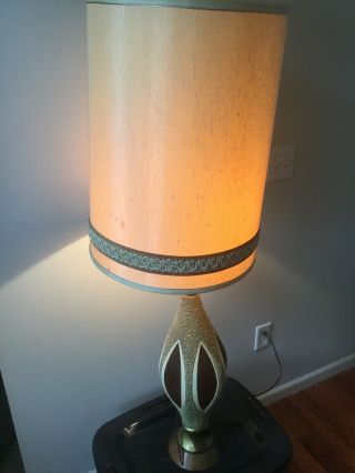 Mid Century Fuggiti Chalkware Table Lamp Atomic Retro Teak Inlay Vtg Danish 49”