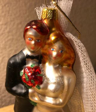 Vintage Painted Glass Bride & Groom Wedding Orament Netting Veil Happy Couple