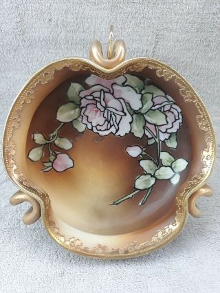 Vintage Nippon Porcelain Bowl Hand Painted Floral Roses Gold Trim W/ Stand