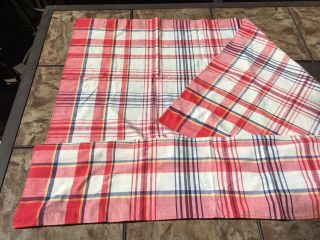 Vintage Plaid Picnic Tablecloth 48”x48” White W/ Red Blue & Little Bit Of Yellow