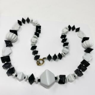 Vintage Necklace Black White Chunky Beaded Plastic Costume Jewelry Retro 32”
