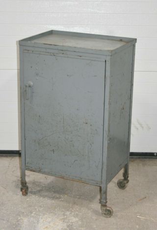Vintage Gray Metal Rolling Industrial Cabinet Cart With Interior Shelves