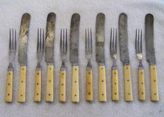 Antique 12 Pc Excelsior Cutlery Co.  3 - Tine Fork & Knife Bone Handle Flatware Set