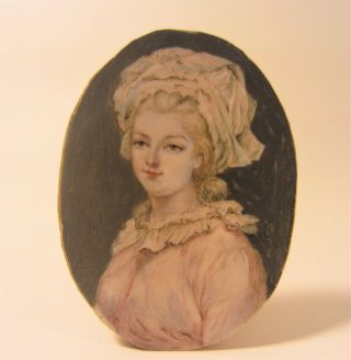 18th C.  Hand - Painted Miniature Portrait Of European Lady - - Signed & Framed