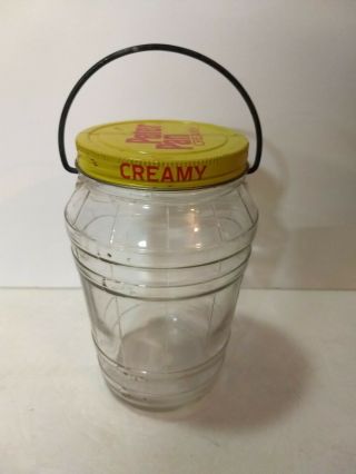 Vintage Peter Pan Peanut Butter Glass Barrel Style Jar With Handle 7 " Tall