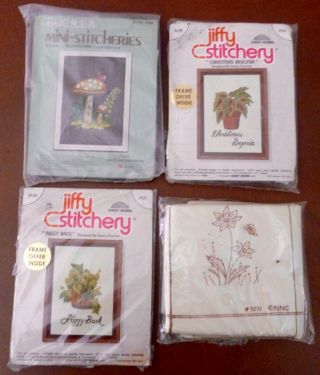 4 Vintage Stitchery Kits - 2 Complete - 1 W/28 Fabric Stamped Patterns - 1 Incomplete