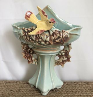 Vintage Mccoy Pottery Blue Birdbath Yellow Bird Wall Pocket Vase Planter