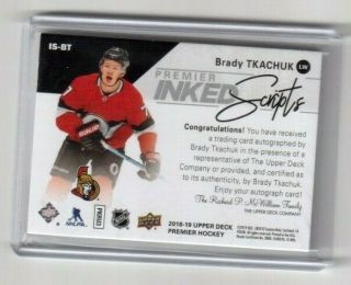 2018 - 19 Upper Deck Premier Inked Scripts Brady Tkachuk Ottawa Senators 51/99 2