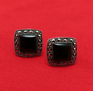 Vintage Sterling Silver Pierced Earrings Black Onyx Marcasites 925 Signed 610m