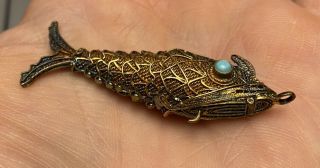 Old Chinese Gold Gilt Filigree Silver Articulated Fish Pendant Box Vinaigrette 2