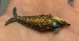 Old Chinese Gold Gilt Filigree Silver Articulated Fish Pendant Box Vinaigrette 3