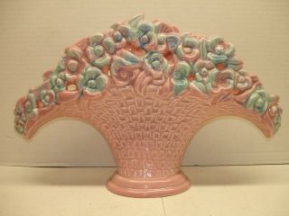 Vintage Royal Haeger Pink And Aqua Floral Basket Vase.  R - 386