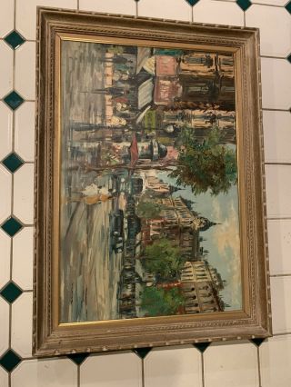 Large Vintage Oil & Canvas Painting City Scene,  Frame,  Signed