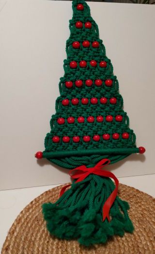Vintage Macrame Christmas Tree Wall Hanging Green Red Beads Bow