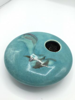 Vintage Ikebana Pottery Aqua Blue Brown Ceramic Pot/vase Metal Flower Frog 6 "