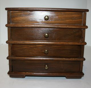 Vintage Wood Jewelry Box Chest 3 Drawer Top Opens Mens Women