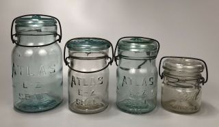 Set Of 4 Vtg Atlas E - Z Seal & Ball Blue & Clear Canning Jars W Glass Lid & Bail