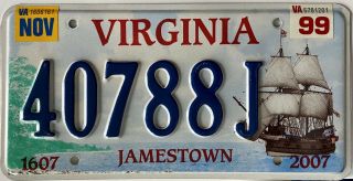 1999 Virginia " Jamestown 1607 - 2007 " License Plate