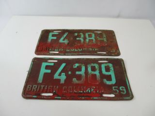 Bc British Columbia License Plate Matching Pair 1959 Brown Teal F4 389