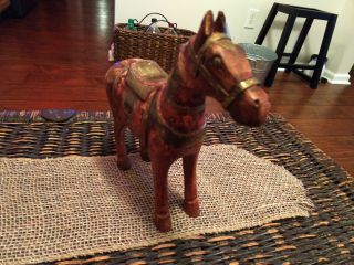 Vintage Wooden Horse Sculpture With Brass Inlays,  Carved Aged Wood Very Unique
