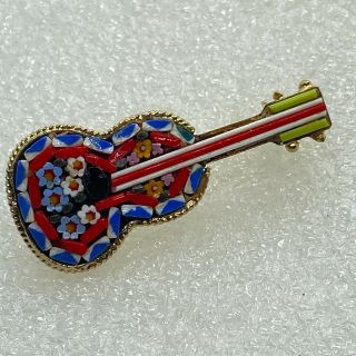 Italy Vintage Micro - Mosaic Guitar Brooch Pin Red White Blue Flower Glass Tiles