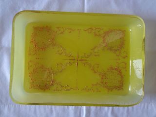Antique Victorian French Opaline Yellow Hand Painted Gold Gilt Vanity Tray Dish