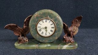 Antique Art Deco Green Onyx Shelf Clock With Brass Eagles