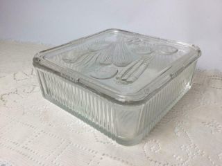 Vtg Clear Ribbed Glass Refrigerator Square Dish Container & Lid Large Vegetables